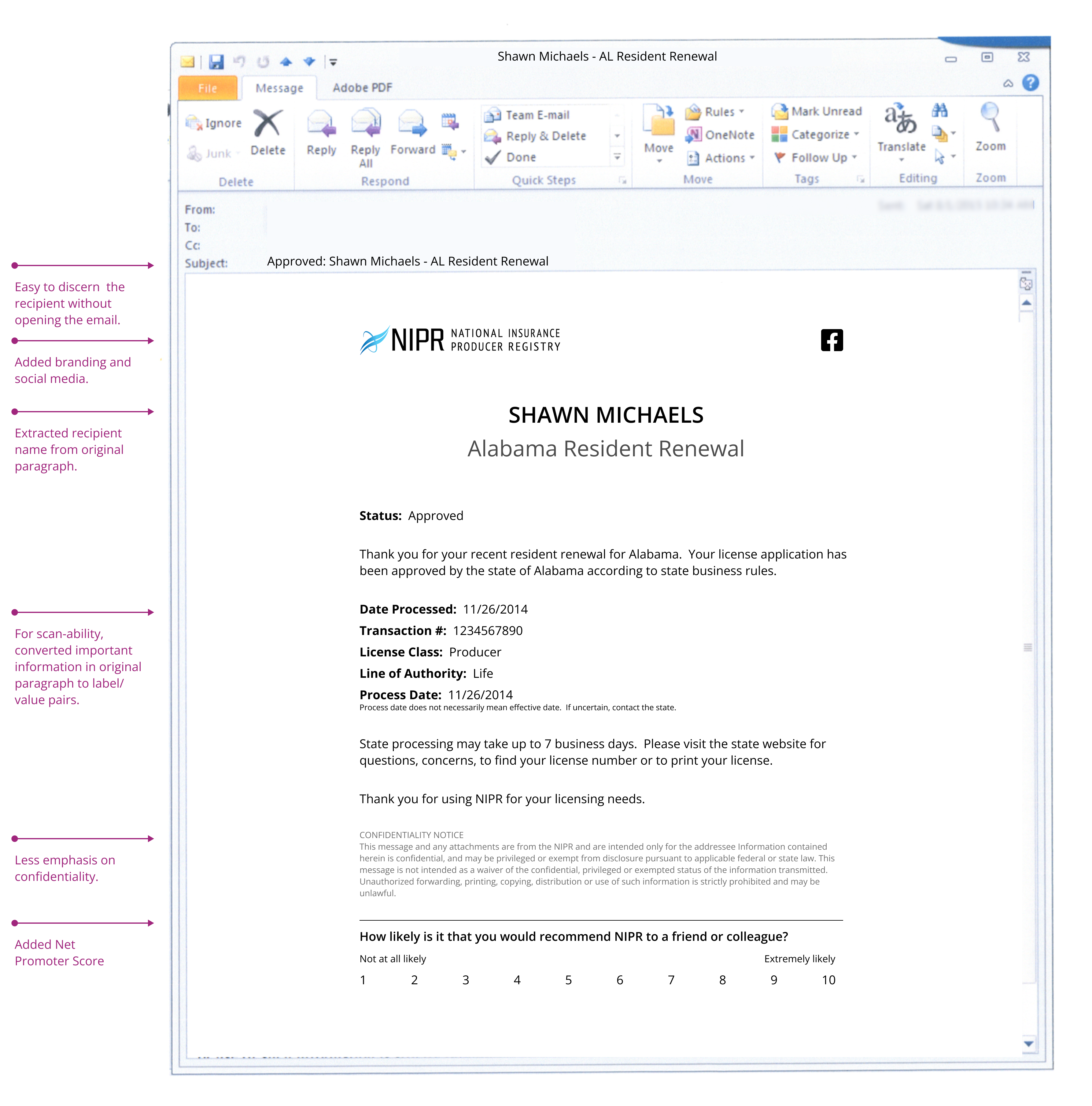 Redesigned NIPR renewal confirmation email