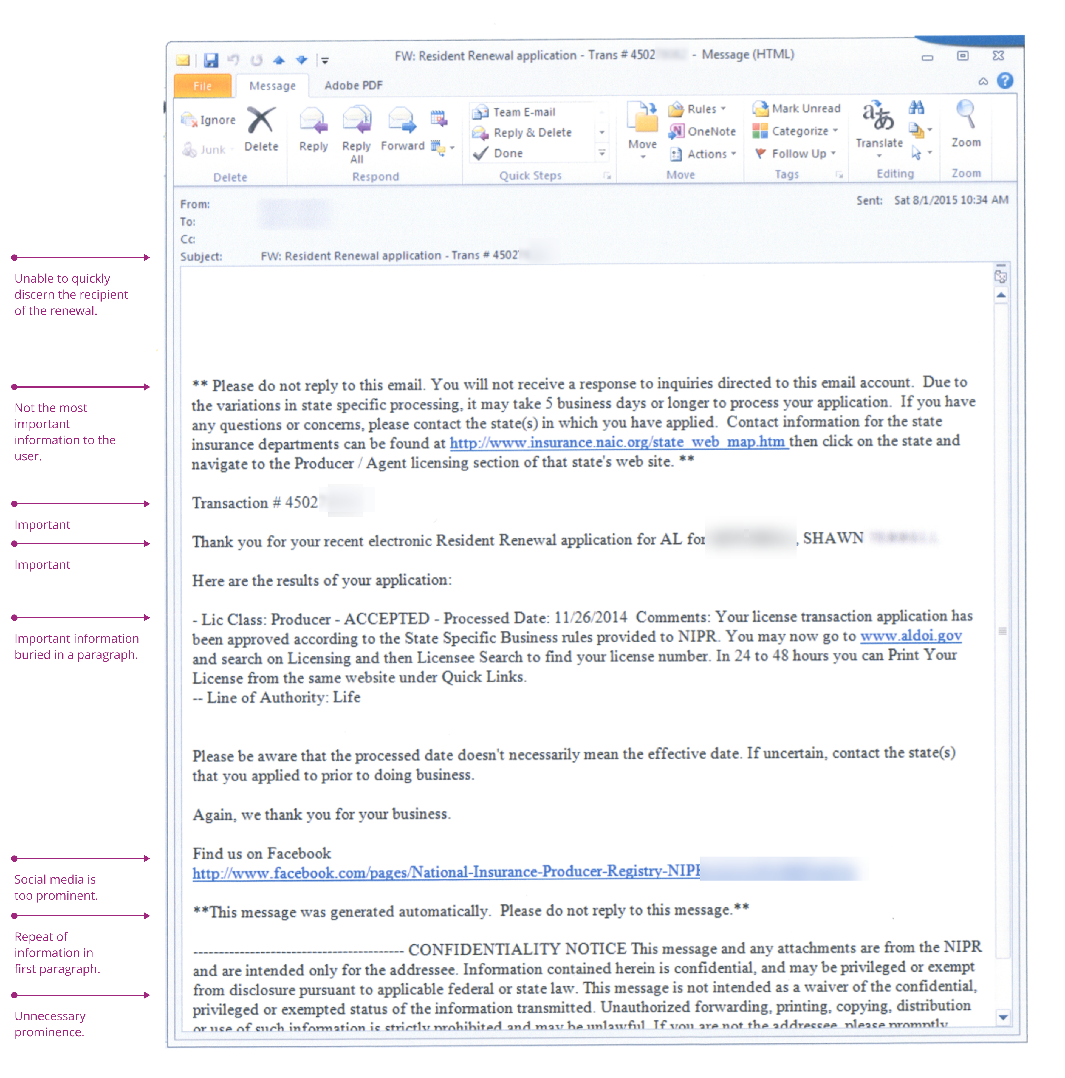 Before: original NIPR renewal email with UX issues annotated