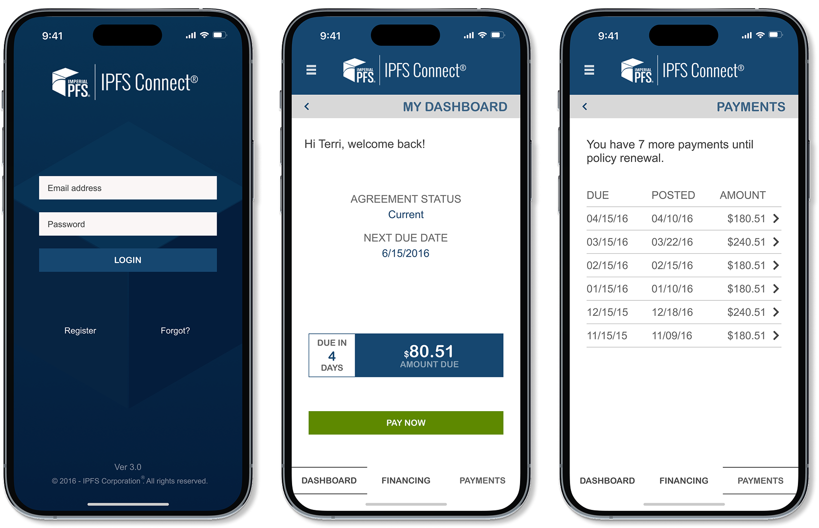 IPFS Connect mobile app screens: login, dashboard, and payments
