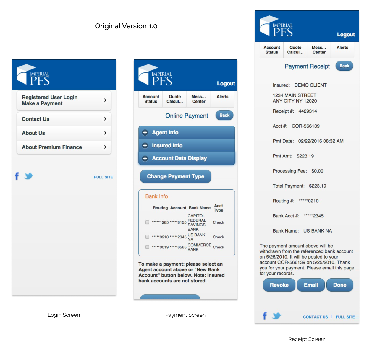 Original Version 1.0 mobile web screens: login, payment, and receipt