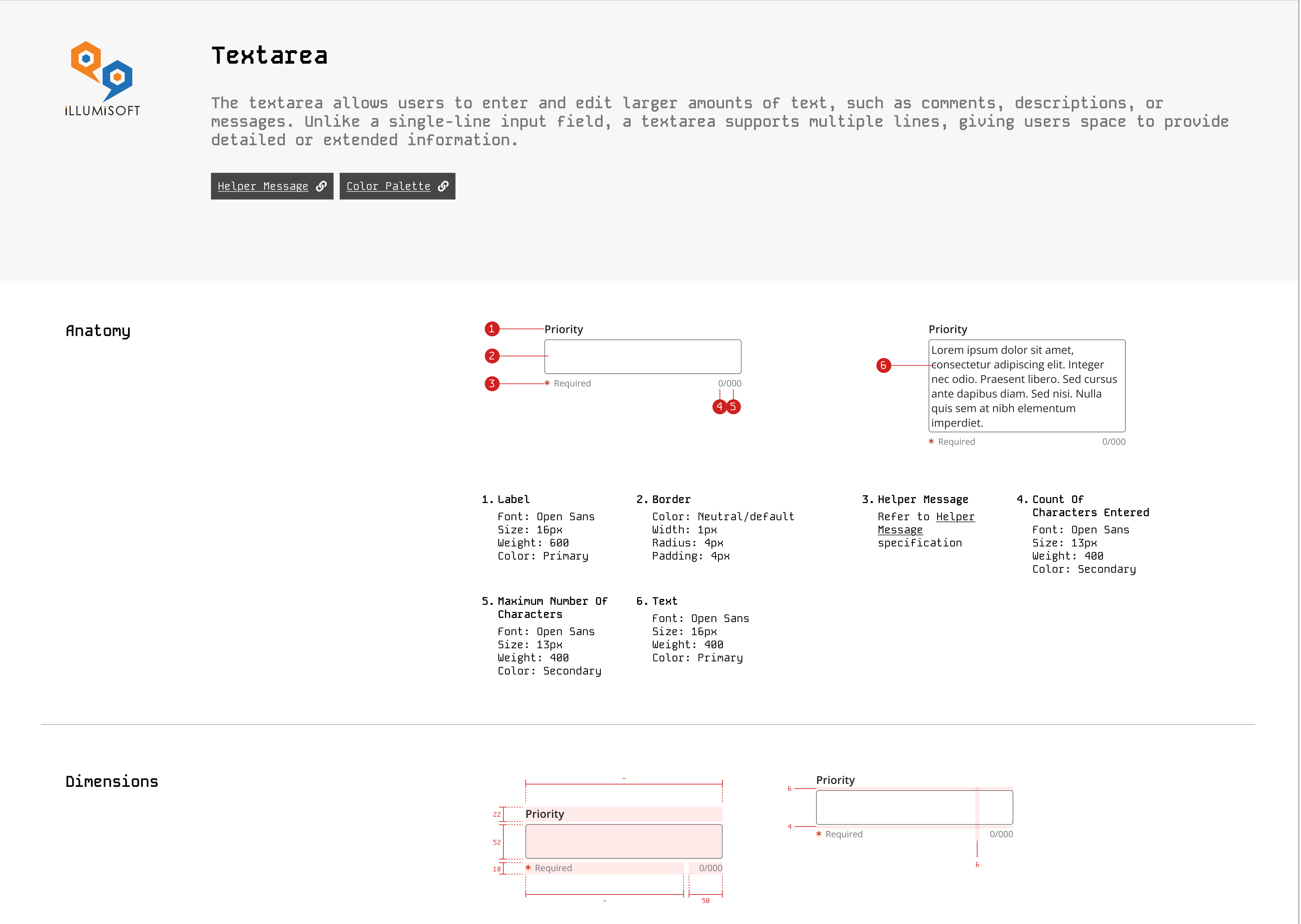 Textarea component specification: anatomy, dimensions, and states